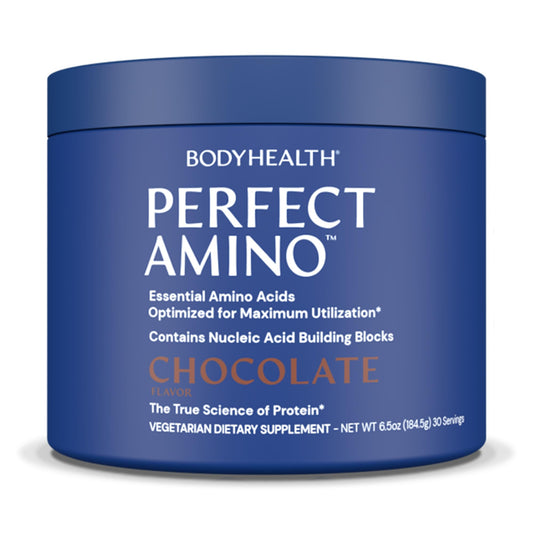 BodyHealth PerfectAmino powder chocolate tub for lean muscle support and recovery.
