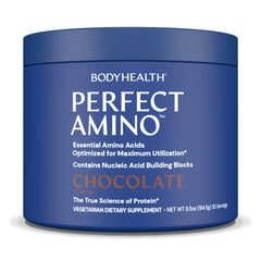BodyHealth PerfectAmino powder chocolate tub for lean muscle support and recovery.