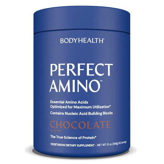 BodyHealth PerfectAmino chocolate tub with essential amino acids supporting recovery.