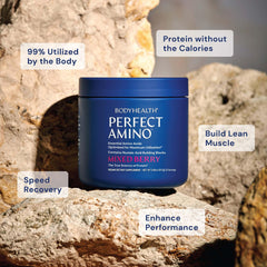 Close-up of the PerfectAmino label highlighting vegan EAAs for recovery and training needs.