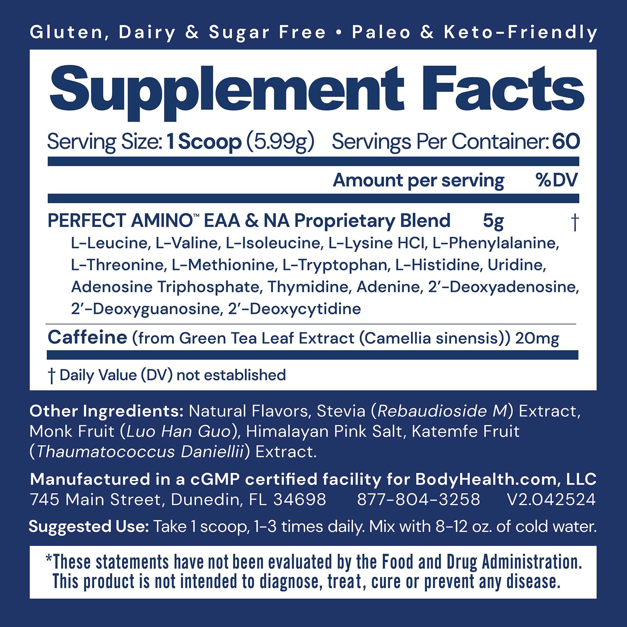 BodyHealth PerfectAmino Powder Mocha scoop with powder, supports lean muscle and energy.