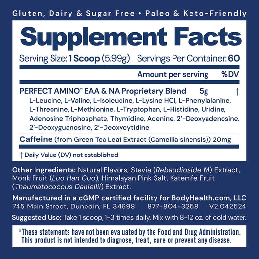 BodyHealth PerfectAmino Powder Mocha scoop with powder, supports lean muscle and energy.