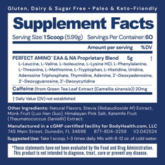 BodyHealth PerfectAmino Powder Mocha scoop with powder, supports lean muscle and energy.