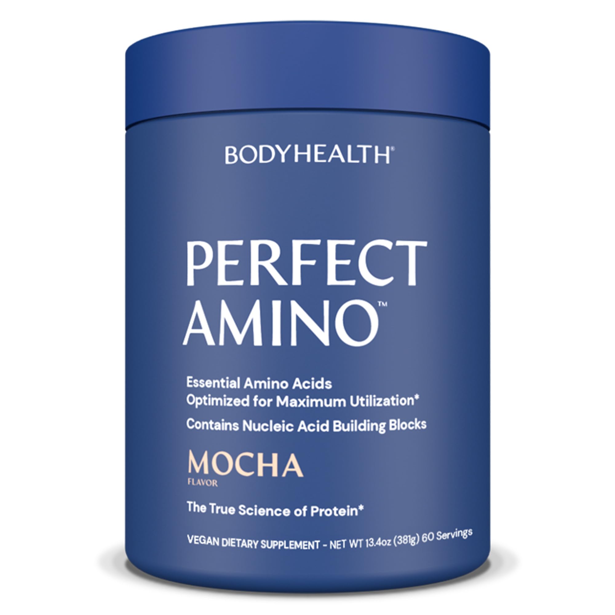 BodyHealth PerfectAmino Powder Mocha tub, vegan amino acids for fast recovery.