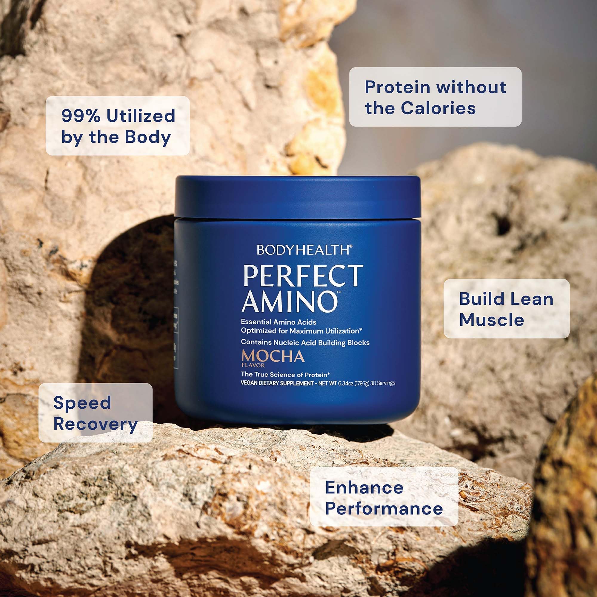 BodyHealth PerfectAmino label image, nucleic acid boost for protein synthesis support.