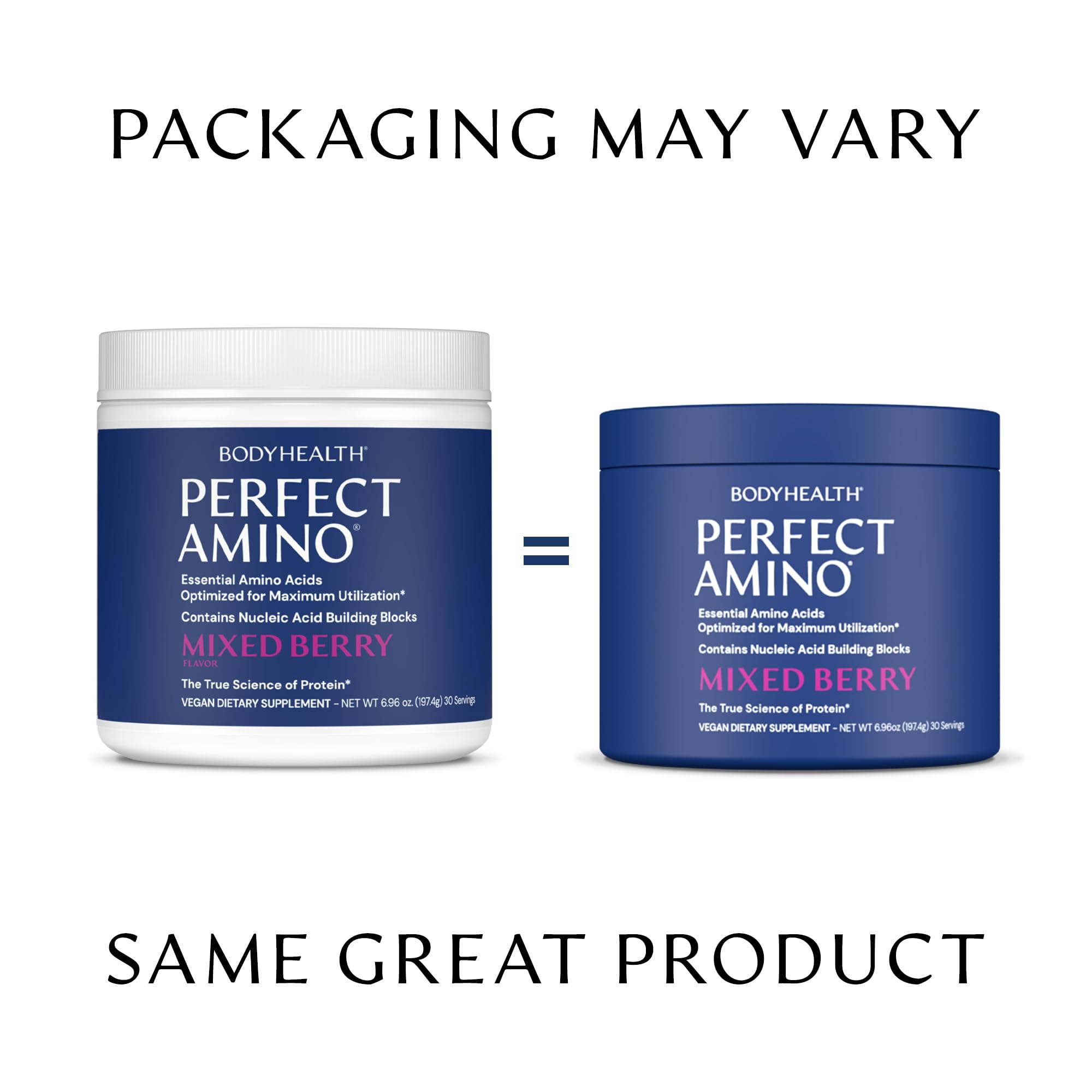 BodyHealth PerfectAmino Powder packaging image emphasizing vegan, gluten-free attributes