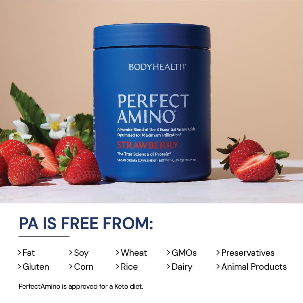 BodyHealth PerfectAmino bottle on gym shelf signals premium protein support.