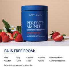 BodyHealth PerfectAmino bottle on gym shelf signals premium protein support.