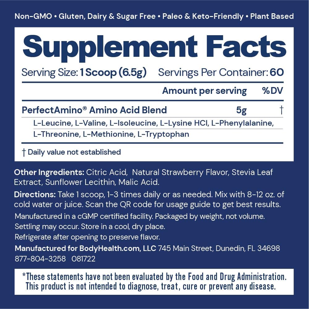 BodyHealth PerfectAmino serving scoop shows precise pre-workout dosage.