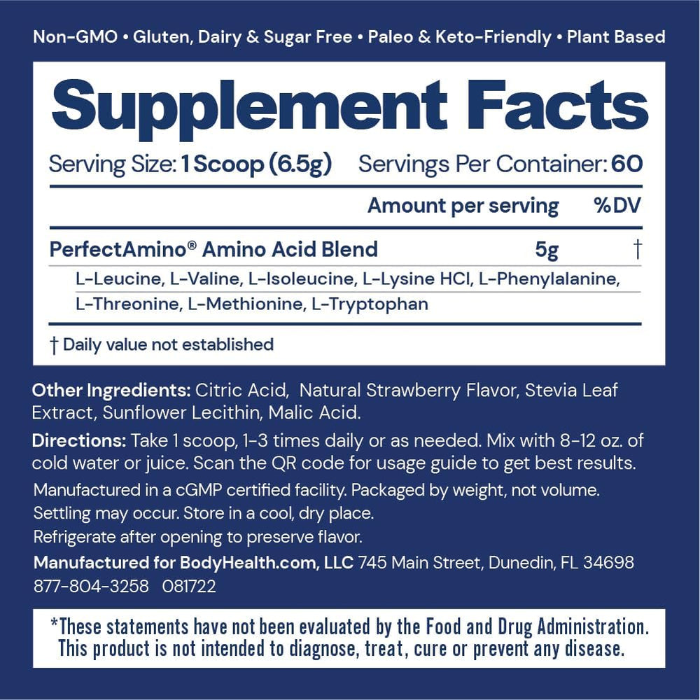 BodyHealth PerfectAmino serving scoop shows precise pre-workout dosage.