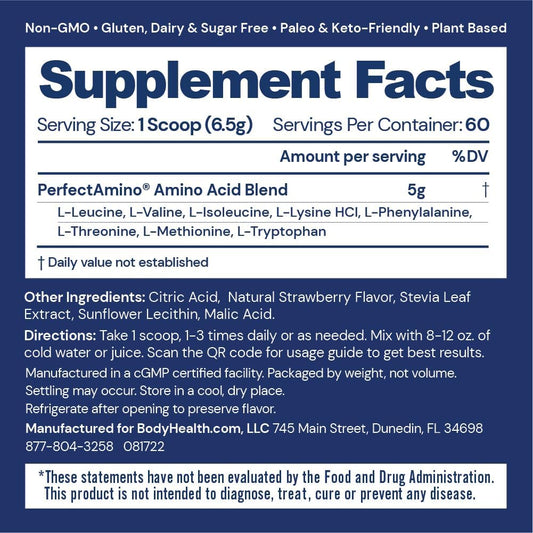 BodyHealth PerfectAmino serving scoop shows precise pre-workout dosage.