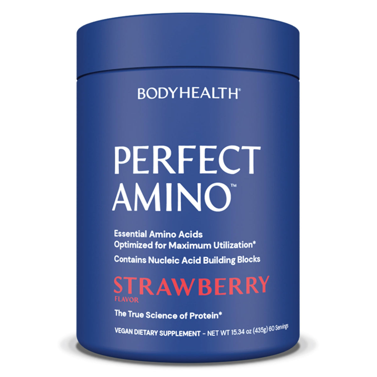 BodyHealth PerfectAmino strawberry tub packaging showing lean muscle support.