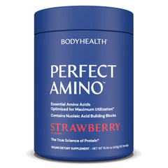 BodyHealth PerfectAmino strawberry tub packaging showing lean muscle support.