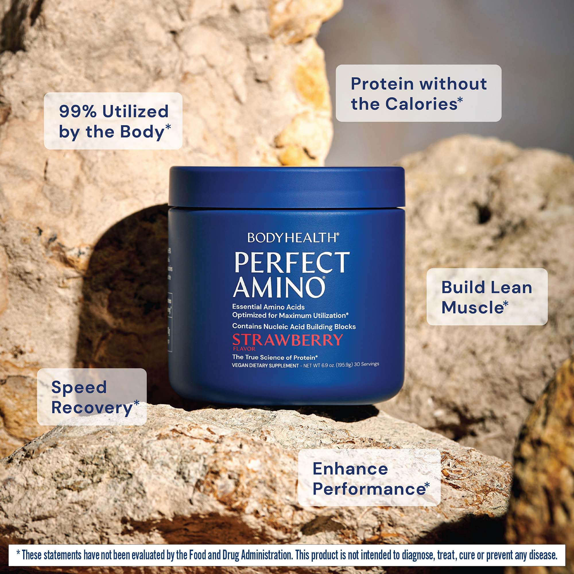 BodyHealth PerfectAmino powder texture close-up for lean muscle support
