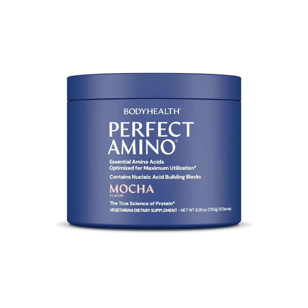 BodyHealth PerfectAmino mocha powder tub close-up emphasizing flavor and mixability