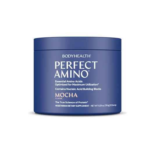 BodyHealth PerfectAmino mocha powder tub close-up emphasizing flavor and mixability