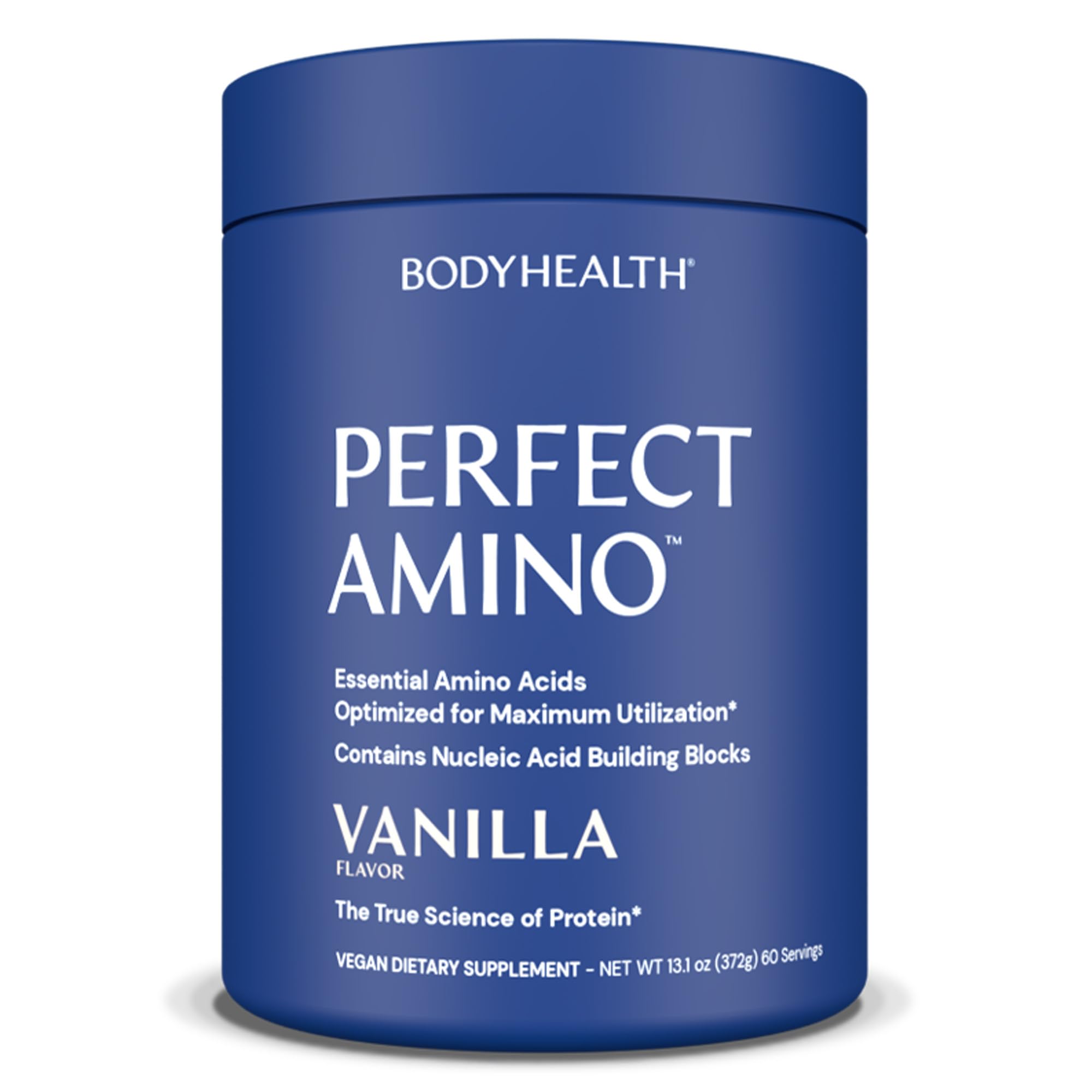 BodyHealth PerfectAmino vanilla bottle pouring for quick energy and recovery.