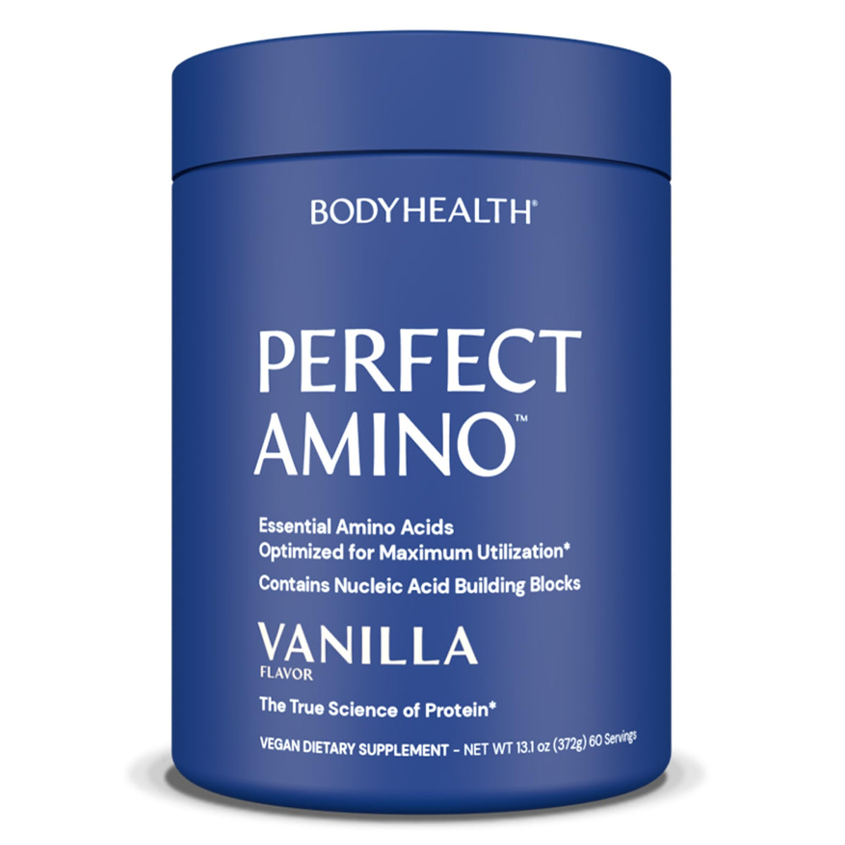 BodyHealth PerfectAmino vanilla bottle pouring for quick energy and recovery.