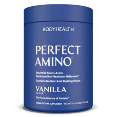 BodyHealth PerfectAmino vanilla bottle pouring for quick energy and recovery.
