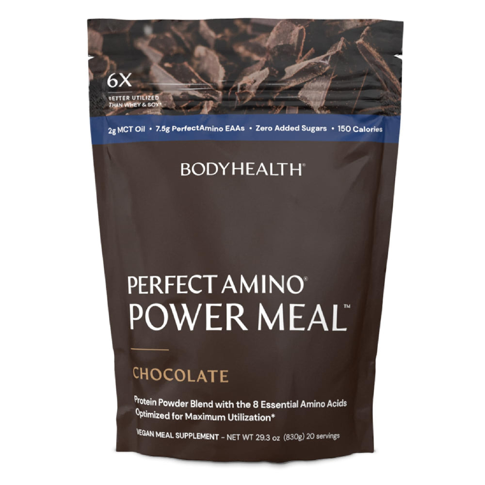 BodyHealth PerfectAmino Power Meal Shake dark chocolate bottle for a convenient meal replacement option
