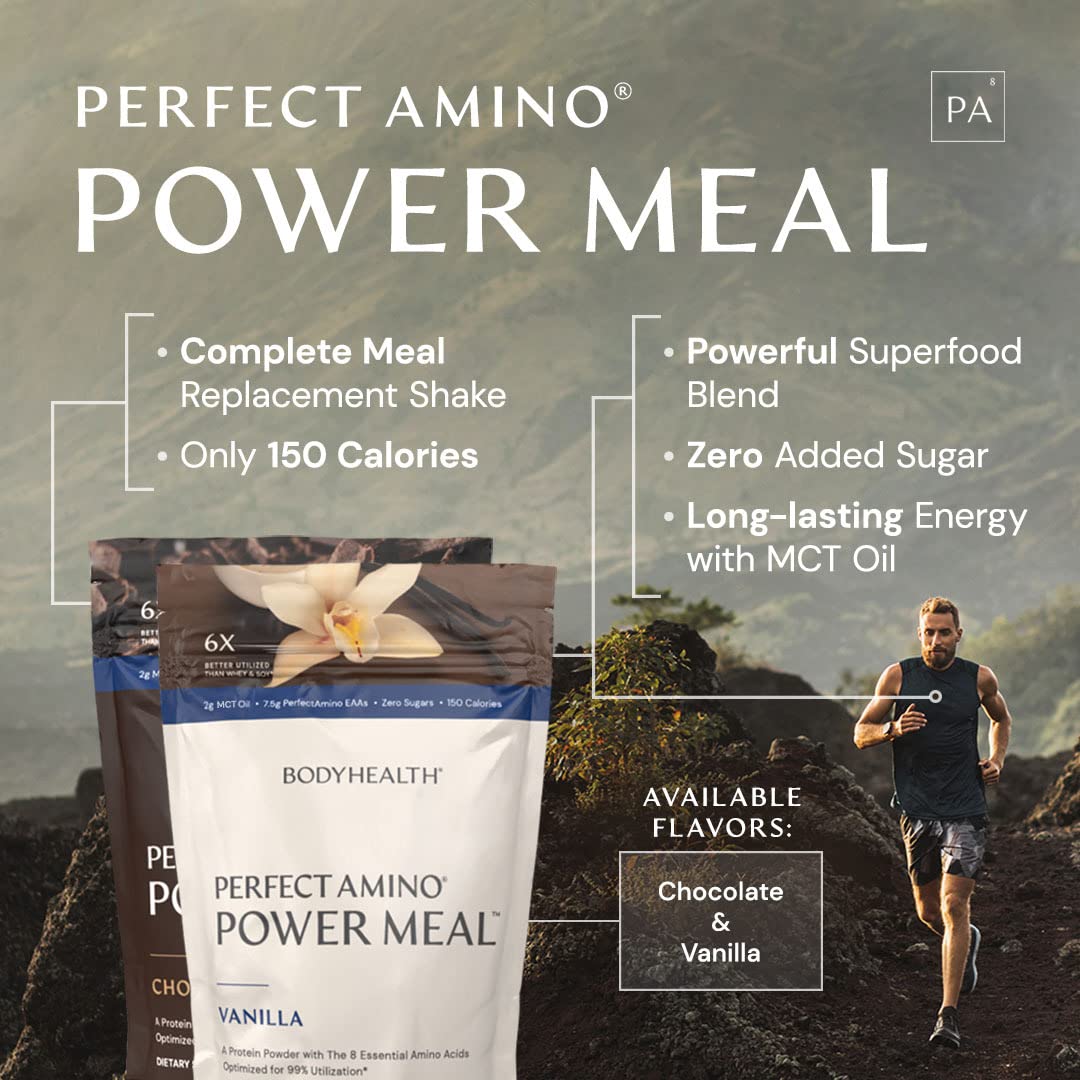 BodyHealth PerfectAmino Power Meal Shake dark chocolate serving demonstrates a balanced macro‑friendly option