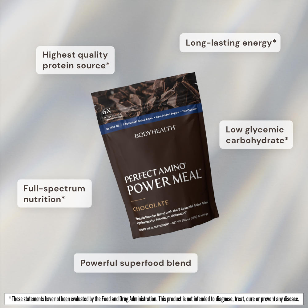 BodyHealth PerfectAmino Power Meal Shake dark chocolate shaker showing on‑the‑go nutrition