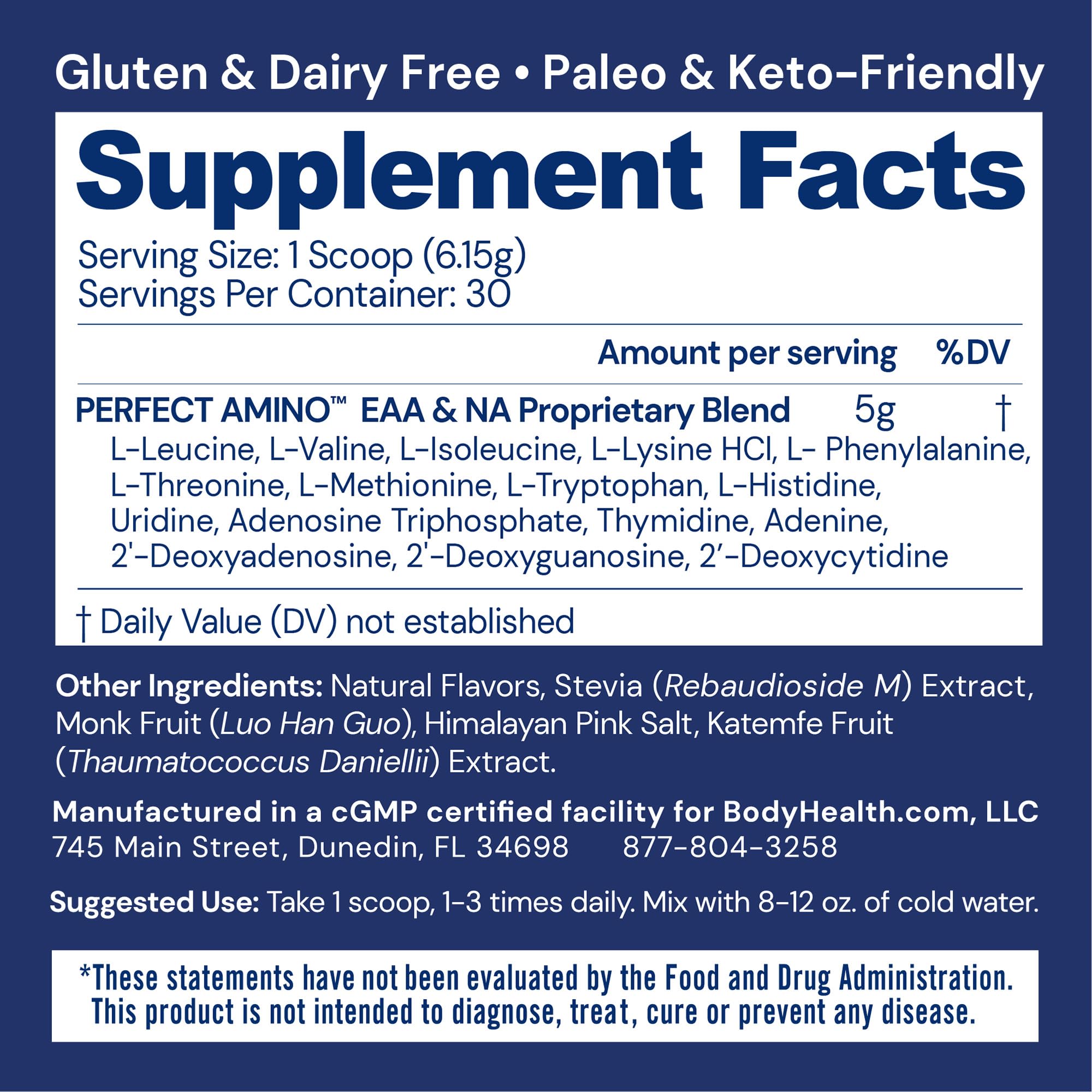 BodyHealth PerfectAmino preworkout serving boosts energy and stamina without sugar.