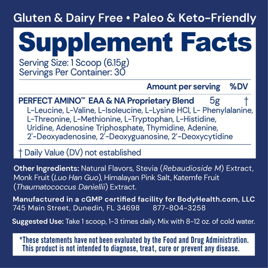 BodyHealth PerfectAmino preworkout serving boosts energy and stamina without sugar.