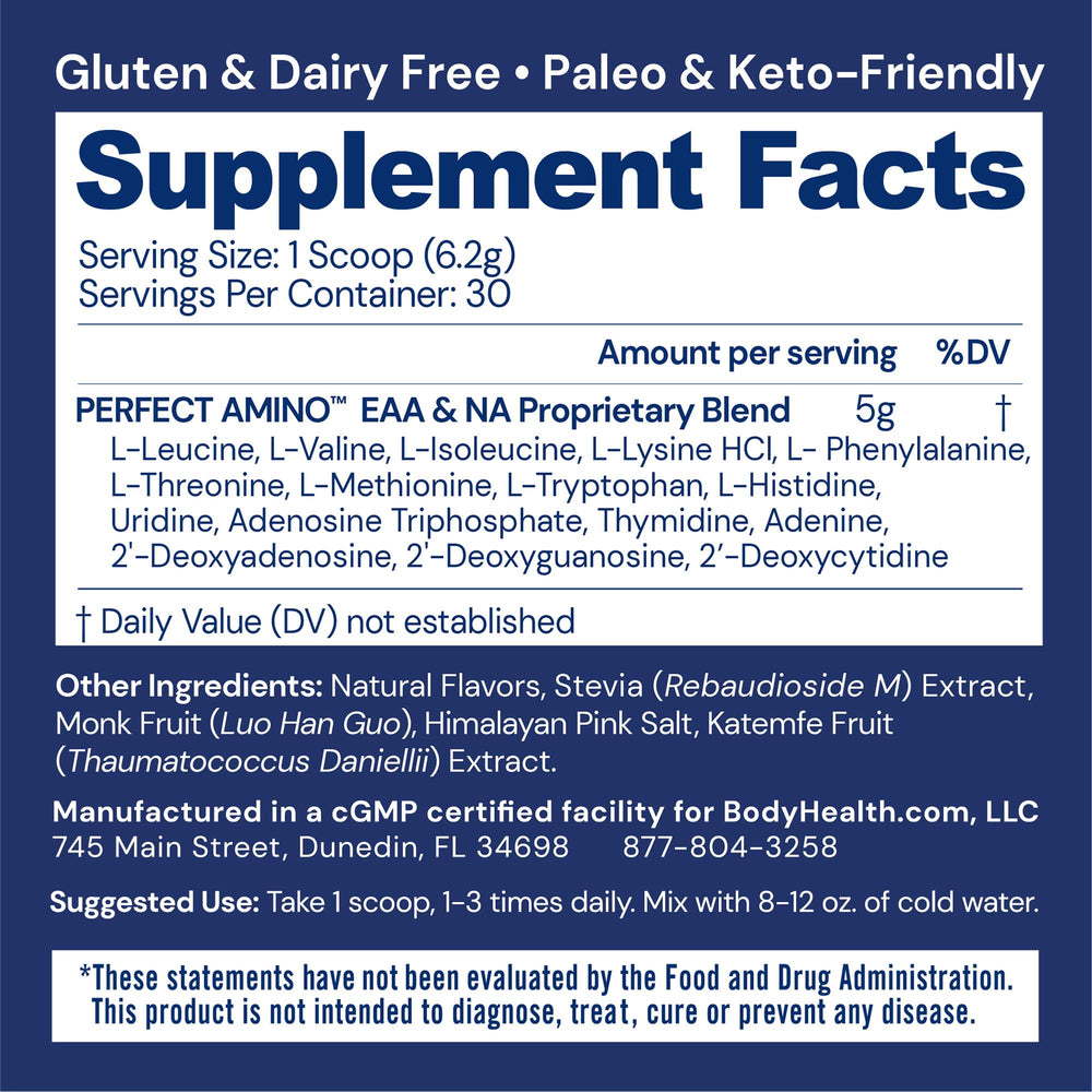 BodyHealth PerfectAmino scoop dispensing powder for easy pre- or post-workout fueling.