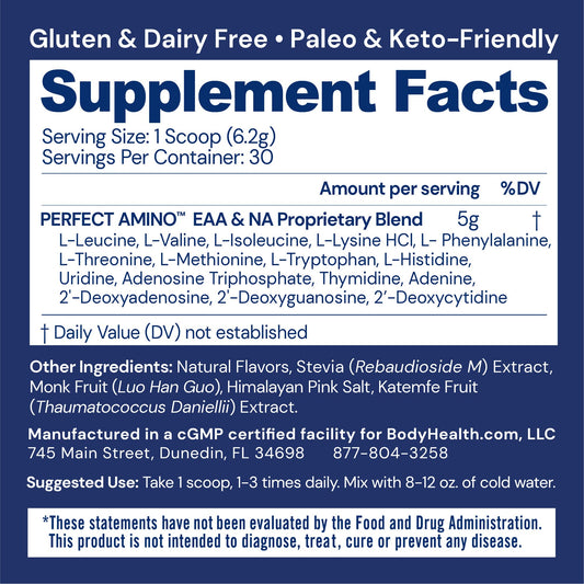 BodyHealth PerfectAmino scoop dispensing powder for easy pre- or post-workout fueling.