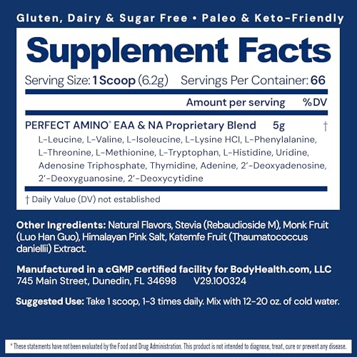 BodyHealth PerfectAmino scoop beside bottle highlights fast mixability for post-workout recovery.