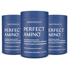 BodyHealth PerfectAmino bottle with capsules showing daily protein support benefits