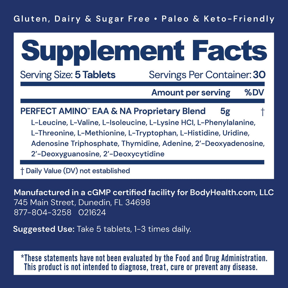 Close-up of BodyHealth PerfectAmino capsules highlighting plant-based amino acids