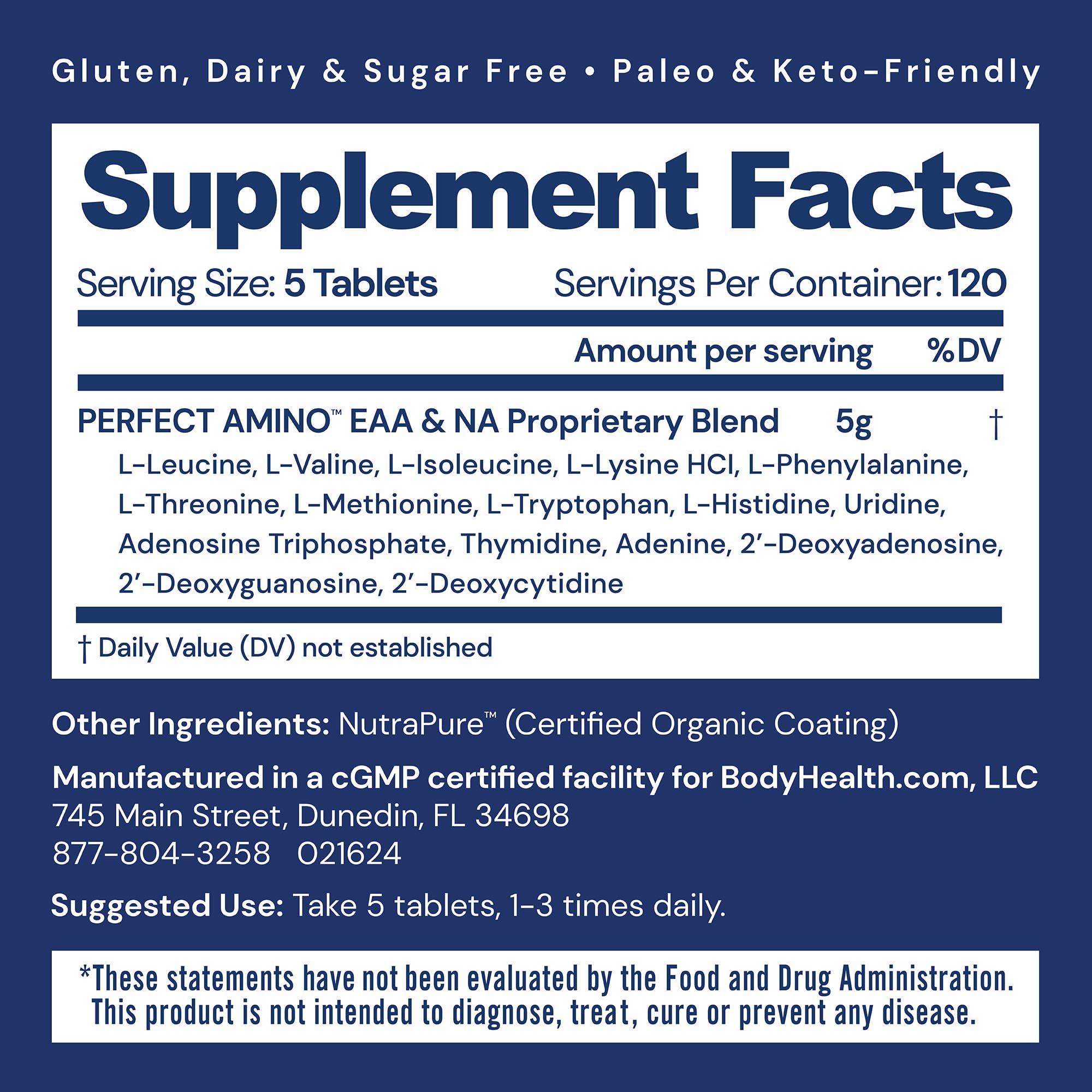 Closeup of BodyHealth PerfectAmino tablets showing compact vegan capsules.