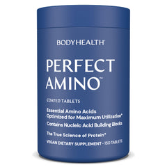 BodyHealth PerfectAmino tablets close-up, highlighting the easy-to-swallow design for workouts.