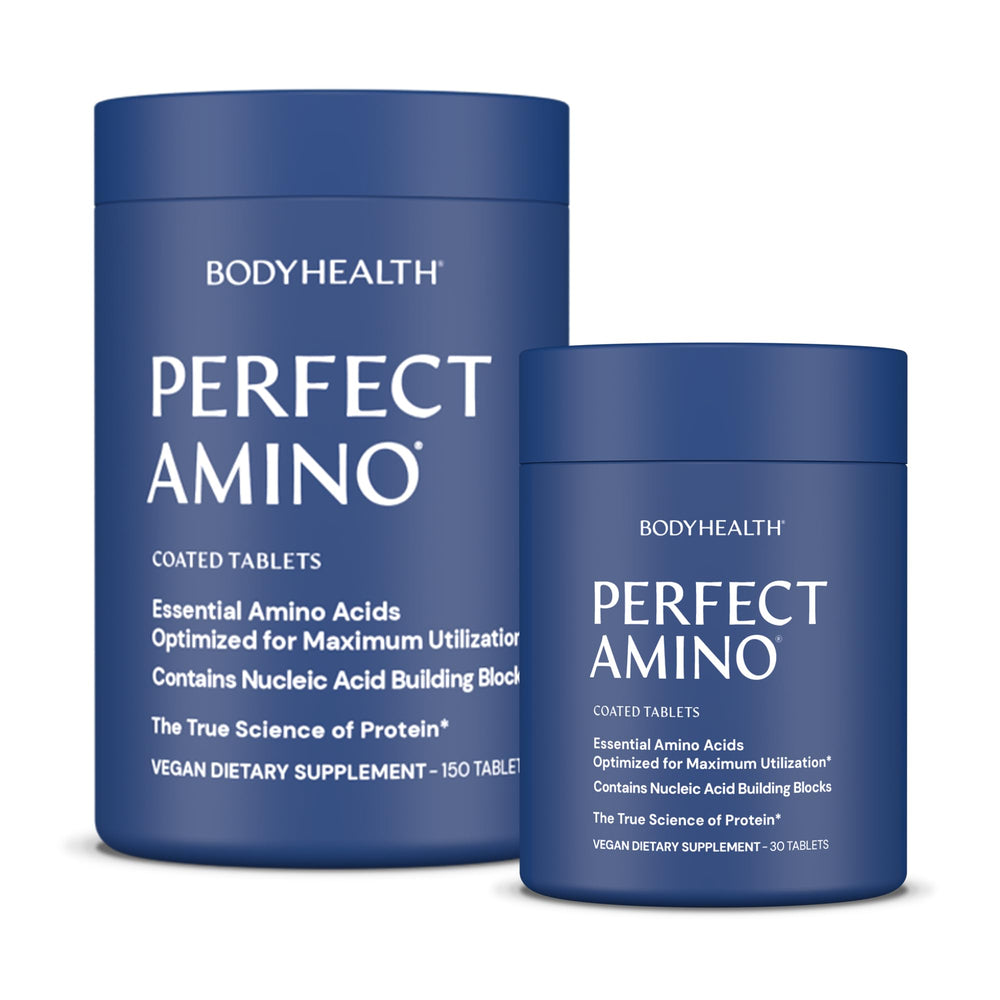 BodyHealth PerfectAmino tablets close-up showing compact vegan capsules for muscle support.