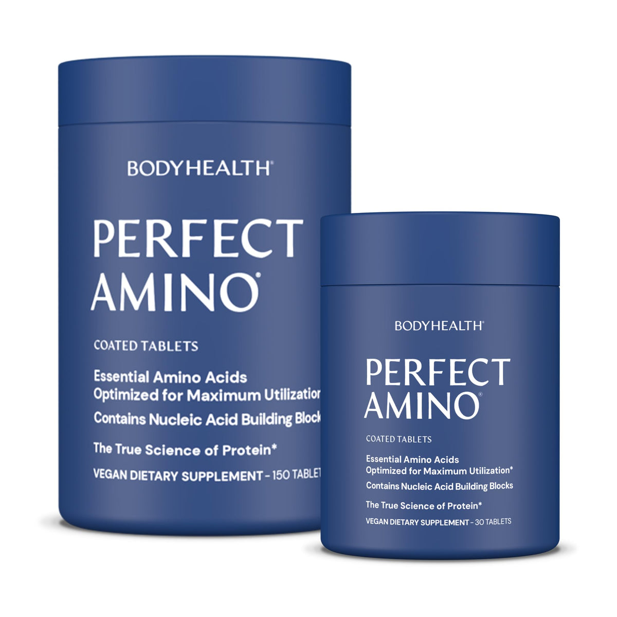 BodyHealth PerfectAmino tablets close-up showing compact vegan capsules for muscle support.