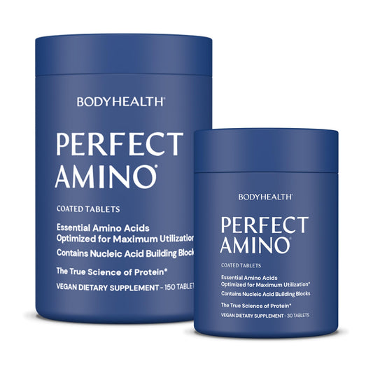 BodyHealth PerfectAmino tablets close-up showing compact vegan capsules for muscle support.