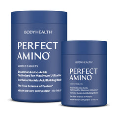 BodyHealth PerfectAmino tablets close-up showing compact vegan capsules for muscle support.