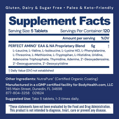 Closeup of BodyHealth PerfectAmino tablets showing compact vegan capsules.