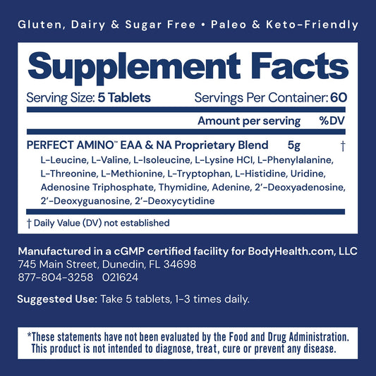 BodyHealth PerfectAmino tablets with label visible signaling clean energy and muscle support.