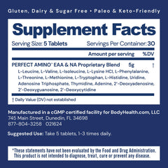 Close-up of a PerfectAmino tablet highlighting vegan amino acids.