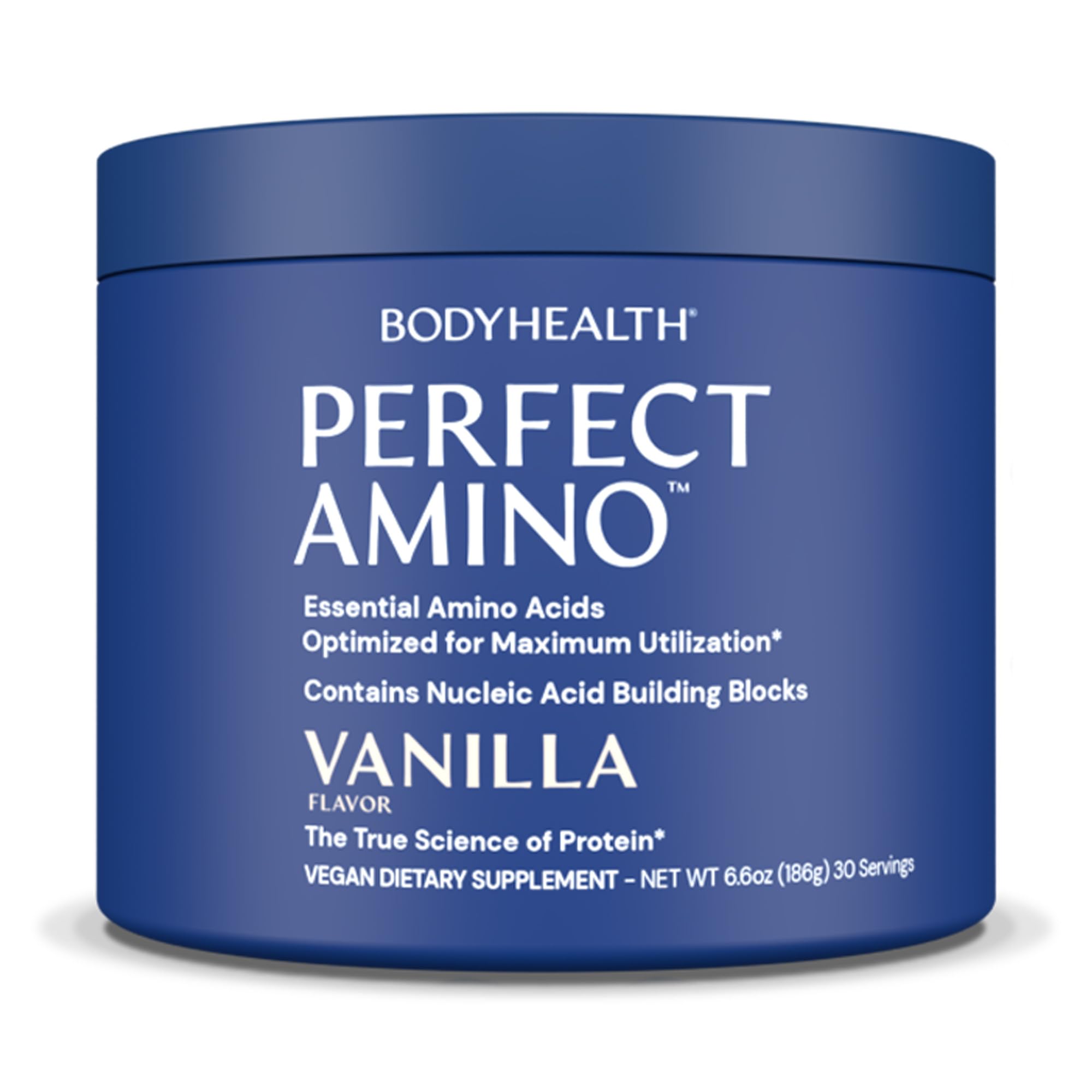 BodyHealth PerfectAmino vanilla powder tub for fast recovery and lean muscle support.