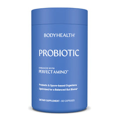 BodyHealth probiotic PerfectAmino bottle shot highlighting 40 billion cultures for gut balance