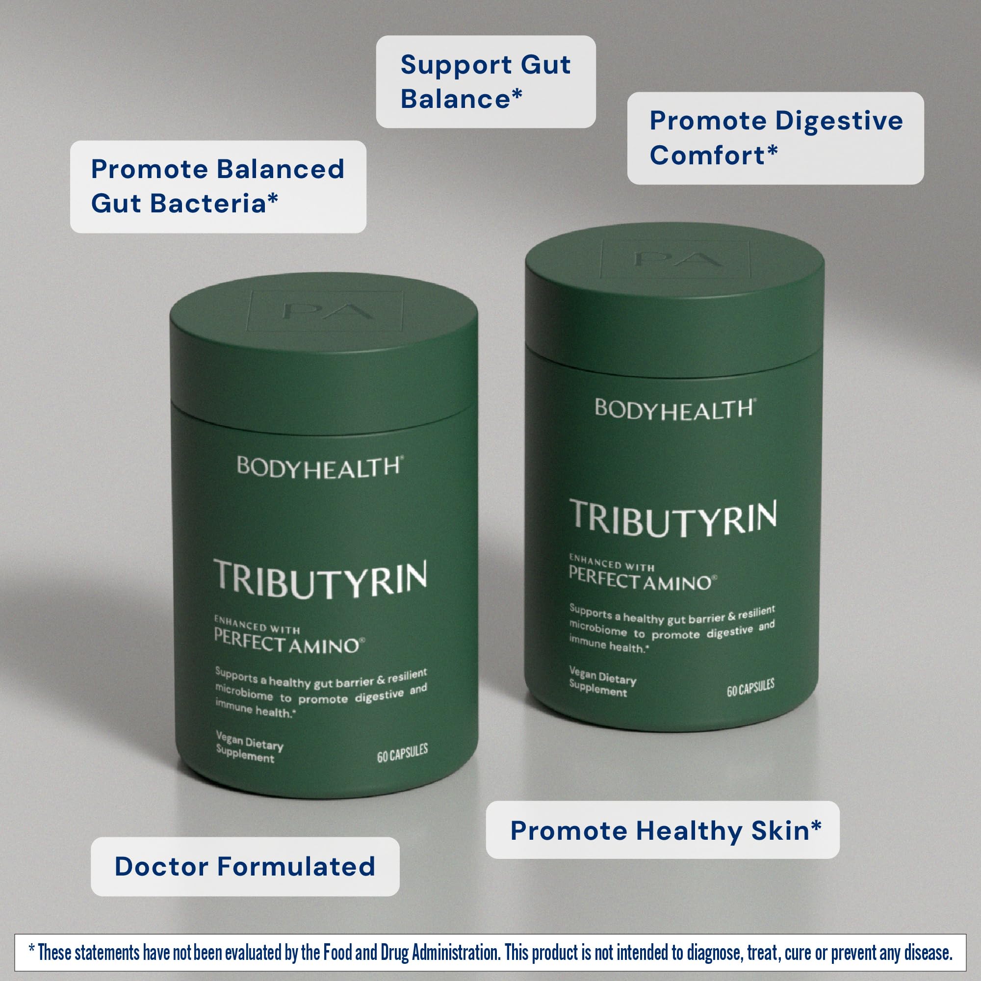 BodyHealth Tributyrin label detail showing bottle contents for digestion support.