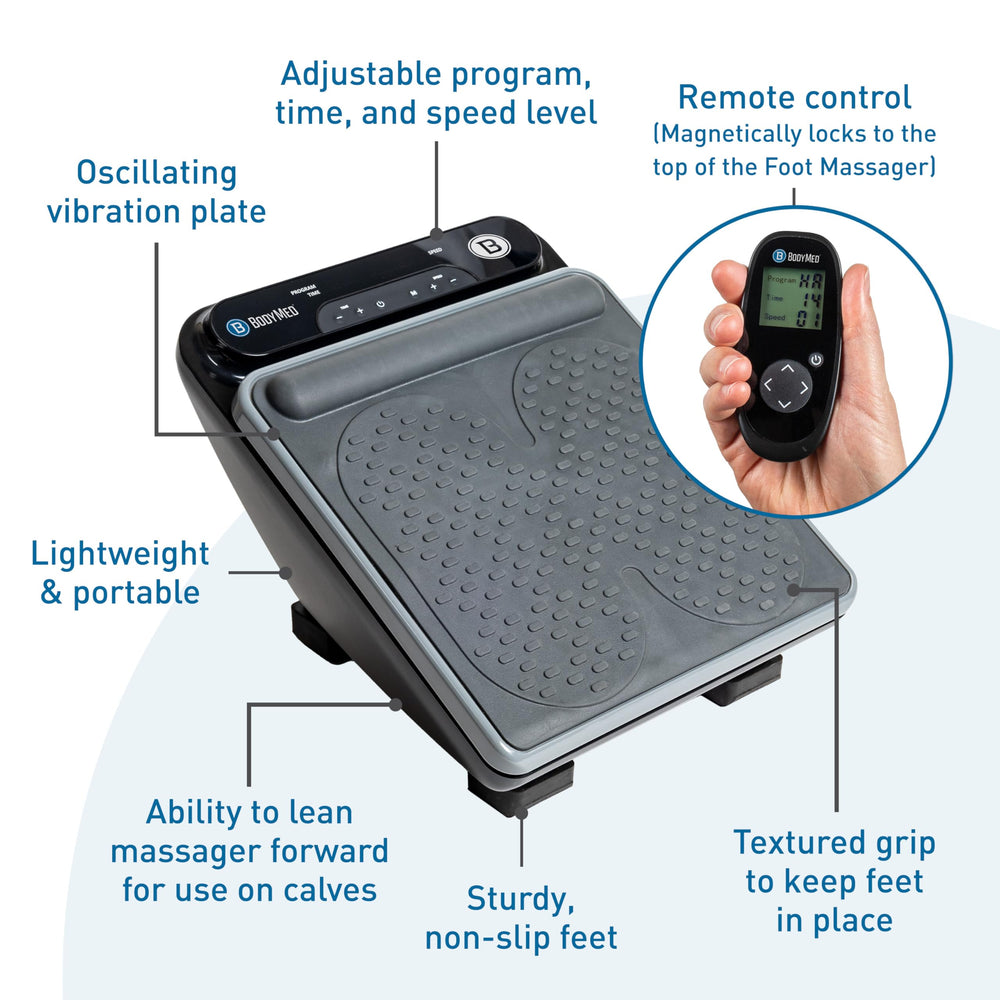 BodyMed Foot Massager close-up rollers illustrate targeted vibration points.