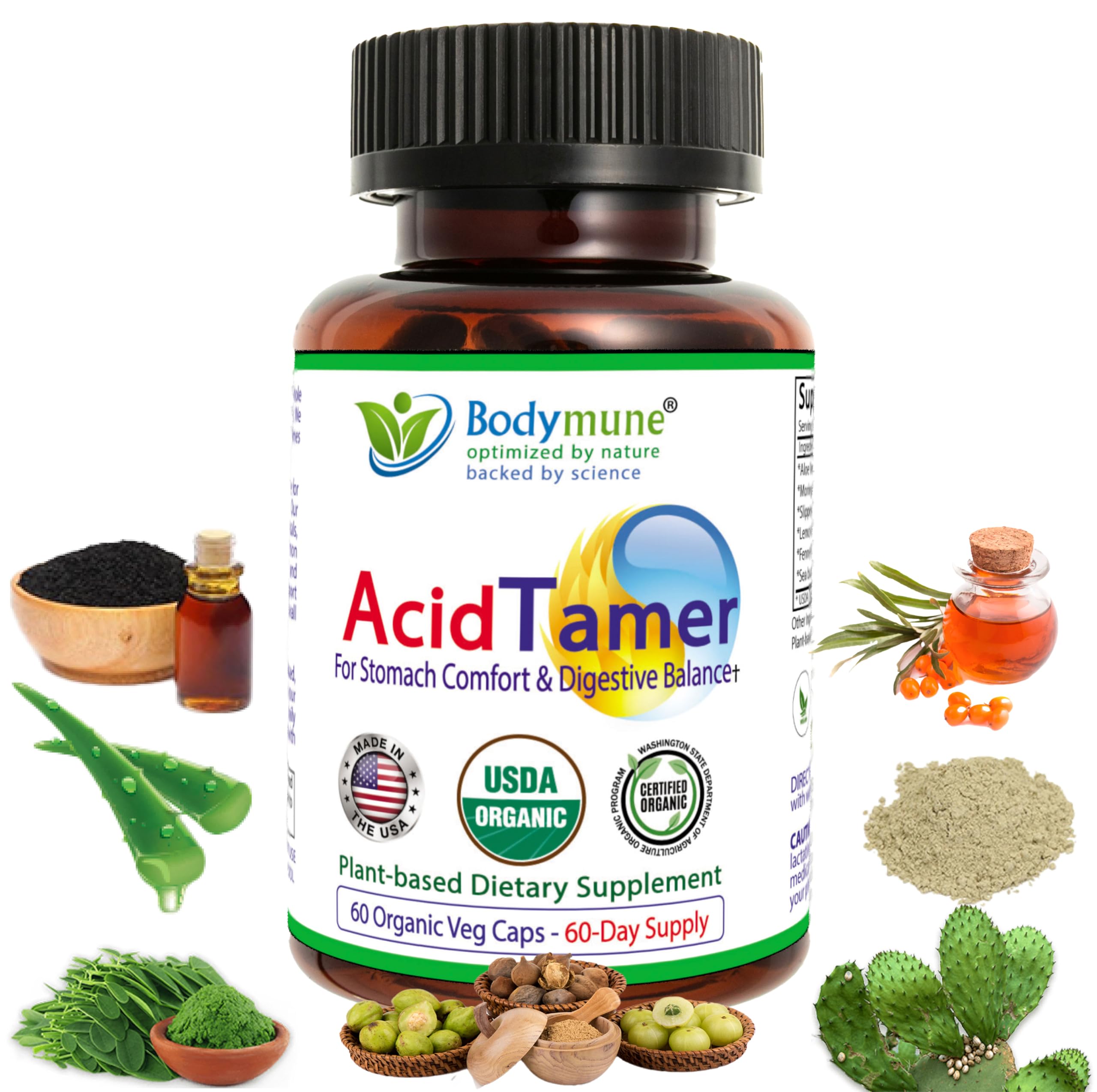 Bodymune AcidTamer bottle label highlighting organic ingredients for digestive comfort