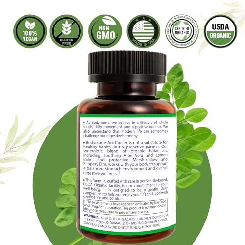 Bodymune AcidTamer capsule closeup emphasizes vegan, organic capsules for daily relief