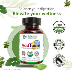 Bodymune AcidTamer ingredient panel shows Amla, Ginger, Turmeric for gut wellness