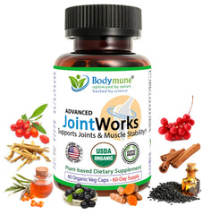 Bodymune Advanced JointWorks bottle label showing organic ingredients for joint mobility support.